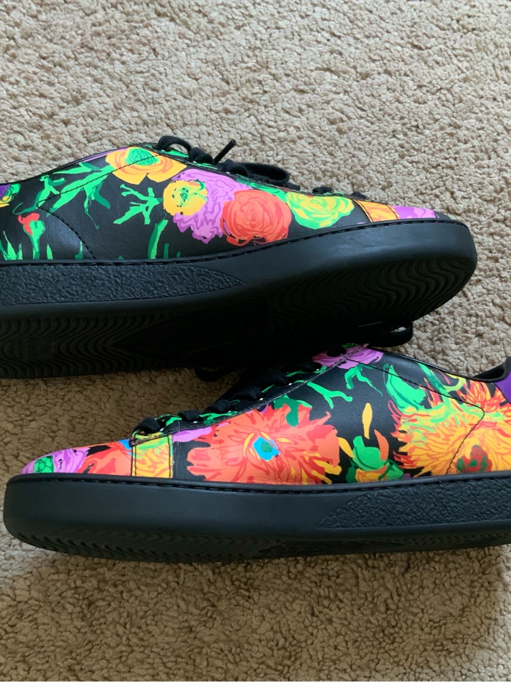 Gucci X Ken Scott Ace Women’s Black Casual Floral Logo Leather Sneakers Size 37 - Picture 9 of 13